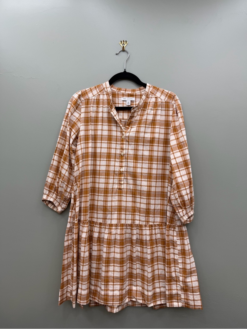 Free Assembly Plaid Mini Dress XS Brown Cream Cotton Prairie Cottagecore